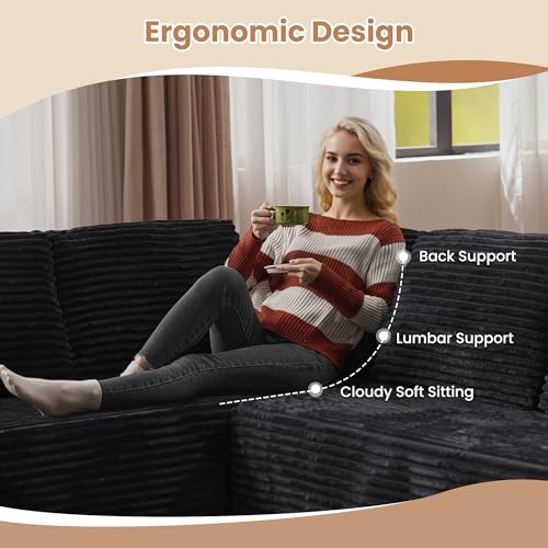 Image of HOOOWOOO Sectional L Shaped Couch,106 inch Assembly Free Modern Minimalist Sofa,Extra Deep Large Corner Sofa Couch Set in A Box for Living Room(Left Chaise Black Velvet Uphostered)