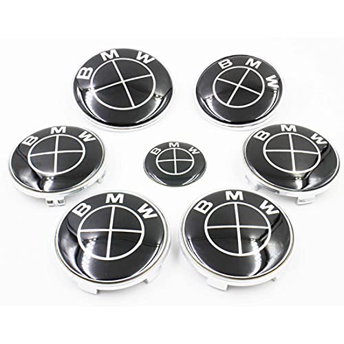 Topzooc 7PCS Emblem Logo Set,Fit for Wheel Center Caps,Center Wheel,Trunk and Hood Emblem Center Caps,82mm+74mm Emblem Trunk,Steering Wheel Emblem Decal Emblem Logo Replacement (Black)