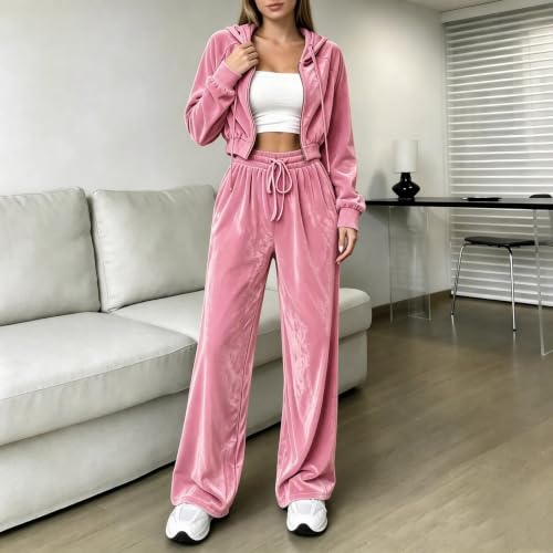Velour Tracksuit Womens Y2K 2 Piece Jacket Wide Leg Pants Velvet Sweatsuit - image 5