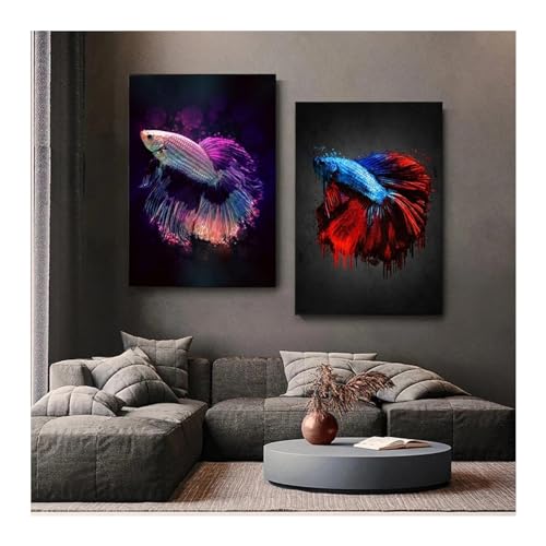 Oeuvre murale poisson multicolore en toile 60x80cm pour décoration salon
