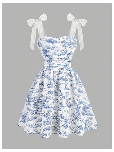 Girl's Floral Cami Dress Tie Shoulder Bowknot Sleeveless Ruched Ruffle Vacation Sundress3