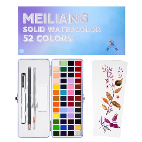 MeiLiang 52 Watercolor Paint Set, Travel Watercolors Set with Drawing Pencil, Paint Brushes, 5 Watercolor Paper, Sponge & Black Drawing Pens, Water Colors Paint for Adults, Art Supplies, Blue Case