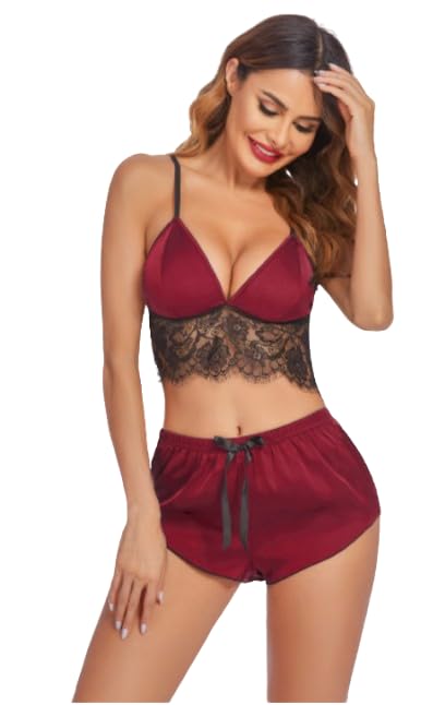 Women Lace Cami Top & Satin Shorts Nightwear Set | Soft Spaghetti Strap Babydoll Lingerie | Sexy Sleepwear Co-Ord Set for Honeymoon, Bridal, Valentine & Night Wear-image-23