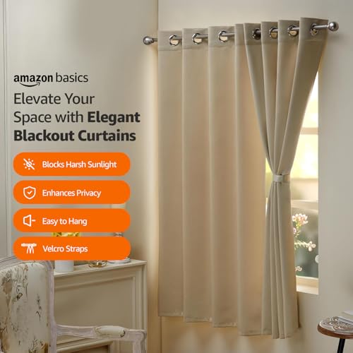 Image of amazon basics 100% Room Darkening Blackout Window Curtains - Set of 2, Plain Design for Bedroom and Living Room, 5 Feet, Cream