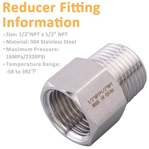 Image of Forged Reducer Adapter Fitting - Stainless Steel 304 Reducing Pipe Connector, 1 /2 inch NPT Female x 1 /2 inch NPT Male (pack of 5)
