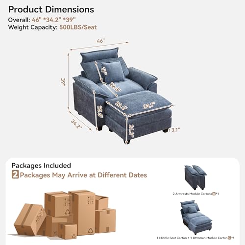 Image of 46''Cloud Oversized Sofa Chair with Detachable Headrest, Upholstered Comfy Arm Accent Chair with Ottoman,Modern Chenille Reading Lounge Armchair for Living Room,Bedroom, Blue