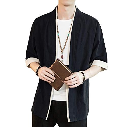 Liangzhu Herren Happi Kimono Haori Jacke Übergangsjacke Mäntel Hanfu Langarmshirts Cardigan Schwarz L