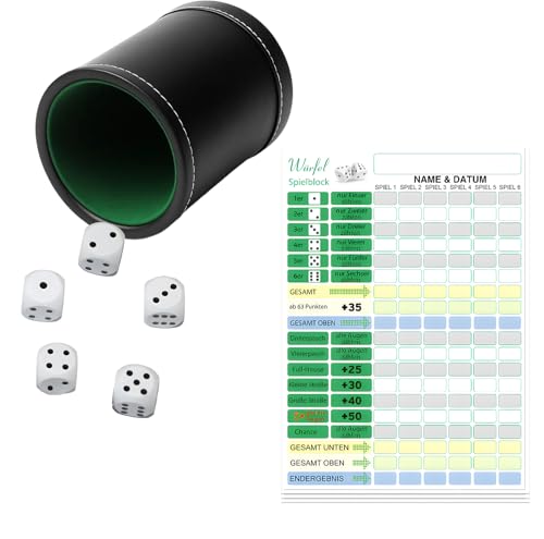 YEWCEP Würfelspiele Set Kniffel Spiel Mit Würfelbecher Und Kniffelblock Ideal Für Familienabende Und Partys Schwarz PU-Leder Würfelbecher 7.5x6x9CM