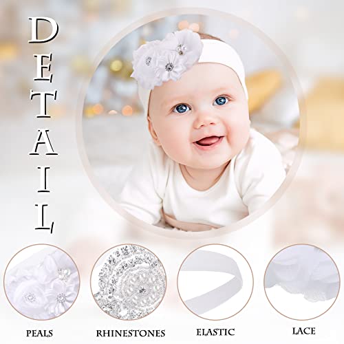 6 Pcs White Baptism Headband for Baby Girls Toddlers Elastic White Baby Headbands Chiffon Flower Crystal Lace Floral Christening Hairband Gifts for Birthday Baby Shower Party3