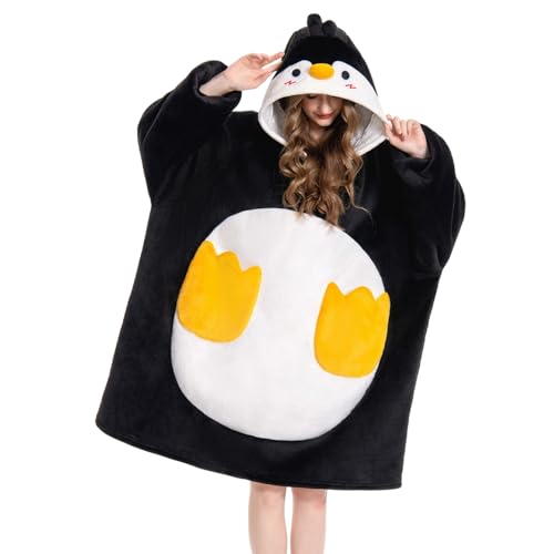 OLAOLA Penguin Wearable Blanket Hoodie for Adults Oversized Animal Hooded Blanket Throw Comfy Women Men Sherpa Fleece Sweater Sweatshirt Hoodies with Pockets & Sleeves for Birthday Gifts