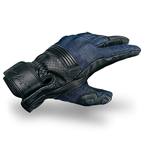 Indie Ridge Denim & Leather Motorcycle Gloves (Black) With Mobile Phone Touchscreen (X-Large) #TOP1