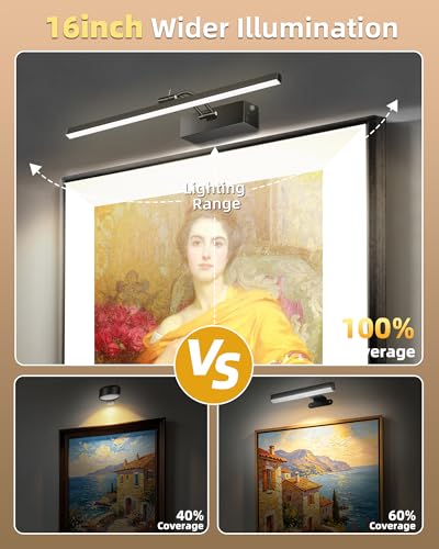 Image of 16inch Picture Lights for Wall, 5200mAh Battery Operated Art Light with Remote, 6 Color Temperature, Dimmable Metal Lights for Pictures On Wall for Living Room Bedroom Hallways Black 2 Pack