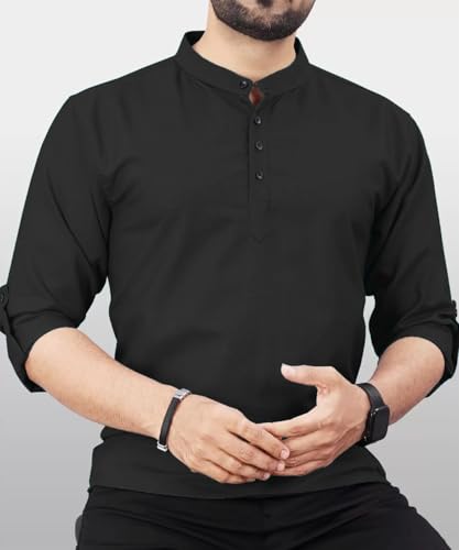 Image of DEEMOON Men's Regular Fit Solid Sprad Collar Casual Shirt with a Trendy Mandarin Collar Crafted from a Premium Cotton Blend