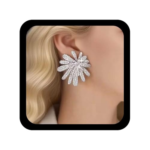 Allereya Vintage Pendientes De Flores De Diamantes De Imitación Grandes Pendientes Florales De Cristal De Plata Cz Flor Pendiente Espárrago Fuegos Artificiales Pendiente Espárrago Boda Prom Joyería