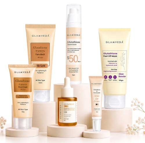 Image of Glamveda Glutathione 6-Step Skincare Kit | Face Wash, Peel-Off Mask, Serum, Cream, Sunscreen & Under Eye Cream | Skin Brightening Routine for Even-Toned & Radiant-Looking Skin