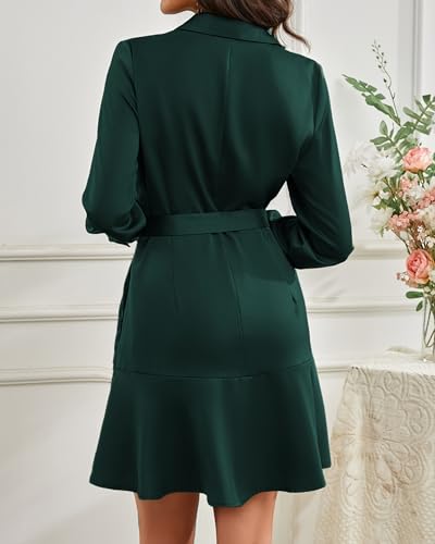 Image of Women's Long Sleeve Button Up Midi Belt Shift Collar Dress with Pockets for Work Office Business
