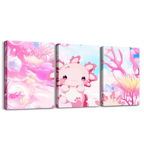 Toiles axolotl murales en lot de 3, un cadeau déco unique pour fille et garçon