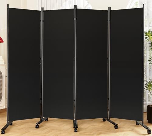 SUNALLY Room Divider 6FT Folding Privacy Screens with Lockable Wheels, 4 Panel Room Partition for Room Separator, 88' W Freestanding Portable Fabric Wall Dividers for Home Dorm Studio Office, Black