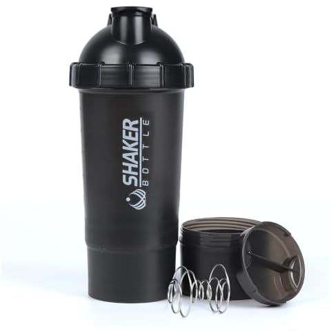 VIGIND Protein Shaker Bottle,18oz Shaker Bottles For Protein Mixes,Sports Water Bottle,Supplement Mixer Bottle,Leak Proof,Non Slip,With a 5oz Storage Cups And a Pill Tray (Black) Cover