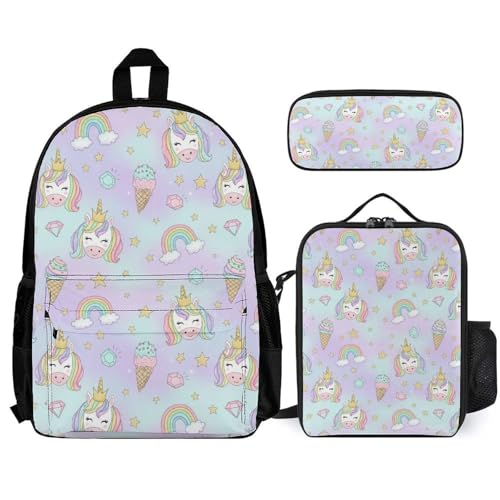 AMRANDOM 3PCS Backpack for Women Men Bag with Lunch Box, Cute Unicorns Bookbag Set for Women