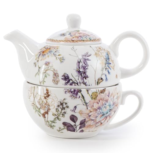 EHC Bell Flowers Design Porcelain Tea for One Tea-Pot with Handle, Microwave Safe, Oven Safe, Dishwasher Safe,Gift Boxed, Tea Pot 490/Cup 320ml - Image 2