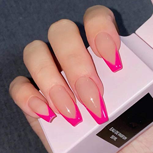 Outyua French Press on Nails Glossy Coffin Medium Fake Nails Tips Acrylic Full Cover Nails French False nails (Pink)