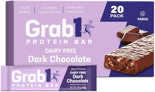 Grab1 Dairy Free Real Dark Chocolate Protein Bars | 15g Protein (20 Bars) | Controls Hunger | Vegan Friendly | Certified Kosher | Delicious Tasting | Low Calorie | Great Meal Replacement or Snack
