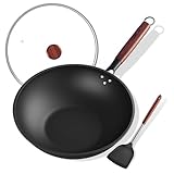 ziluetar Carbon Steel Wok 13-Inch Wok Pan with Glass Cover Silicone Spatula, Non-Stick Surface Woks & Stir-Fry Pans Pre-Seasoned Chinese Wok Pan for Induction, Electric, Gas Stoves Cooking