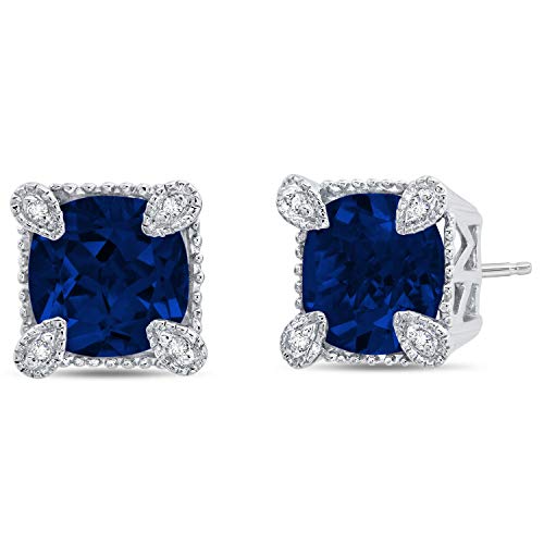 Nicole Miller Fine Jewelry - Sterling Silver with 8mm Cushion Cut Created Blue Sapphire Stud Earrings