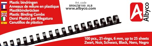 Albyco Plastikbinderücken, Binderinge, Bindekämme aus Kunststoff, 21 Ringe, ø 6 mm Schwarz, Bindekapazität 25 Blatt, Länge A4, 100 Stück