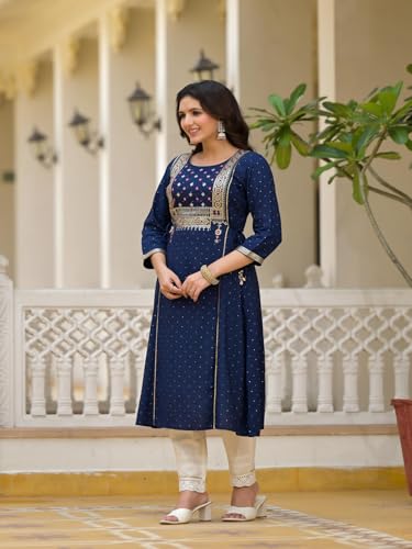 Image of Juniper Blue Solid Rayon Kurta with Sequins & Doris for Women and Girls