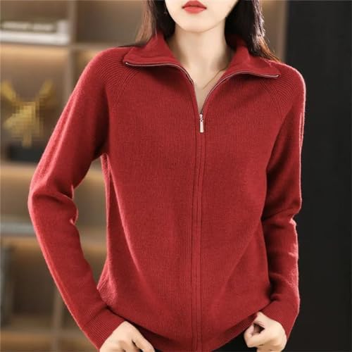 Women Wool Sweater Double Zipper Lower Lapel Cardigan Casual