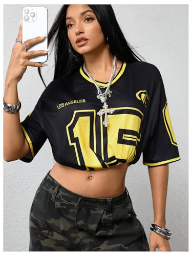 Image of SOLY HUX Jersey Shirts for Women Number Graphic Print V Neck Baggy Tees Hip Hop Streetwear