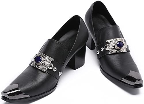 Santimon Men's Slip-On Loafers Dress Shoes with Metal Toe Cap & Silver Skull Ornament – Black Block Heel Leather Punk Western Loafers for Wedding, Stage, Cosplay, Party3