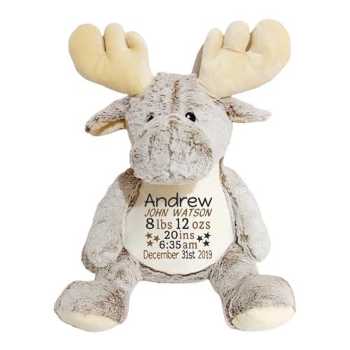 Personalized Moose Plush with Birth Stats – Custom Embroidered Stuffed Animal, Baby Keepsake, Newborn Gift