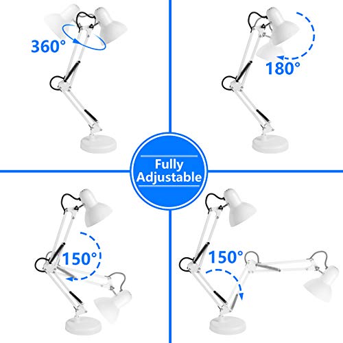 AmeriTop Metal Desk Lamp, Adjustable Swing Arm Table Lamp with Interchangeable Base Or Clamp; Eye-Caring Desk/Clip Reading Lamps for Bedroom, Study, Office (White)