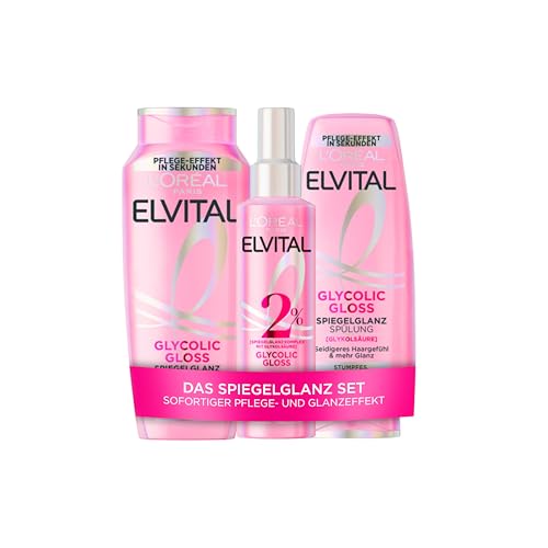 L'Oréal Paris Elvital Glycolic Gloss Spiegelglanz Set mit: Shampoo, Spülung & Leave-in Serum