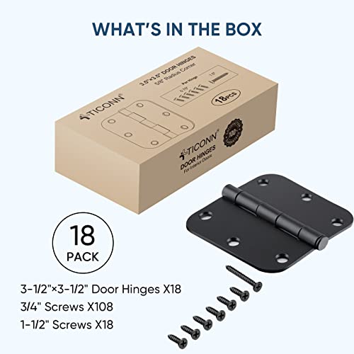 Ticonn 18-Pack 3.5 Inch Door Hinges With 5/8" Radius Corner, 3-1/2 X 3-1/2 Inch Iron Bifold Residential Doors Hardware (5/8" Radius Corner, Matte Black, 18 Pack) #TOP5