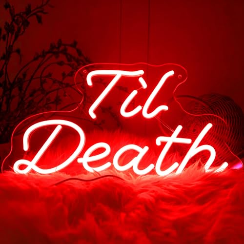Image of Til Death Wedding Neon Sign, USB Powered Neon Signs with Dimmer and Sticky Hook, Hanging LED Light Sign Valentines Day Decorations, Home Decor for Bedroom Party Wall 16.93 x 11.42 inch