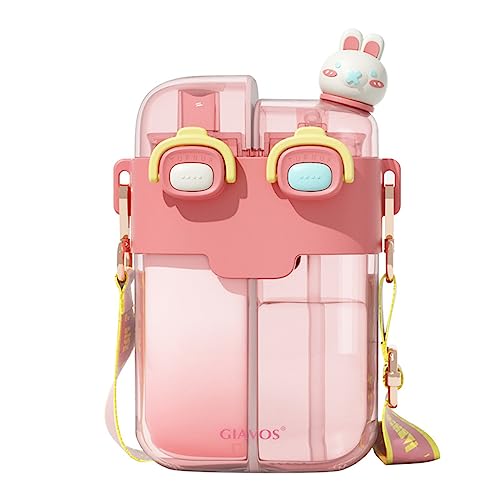 Bouteille d'eau en plastique de grande capacité Double récipient Gourde Impression Dessin animé Gobelet à paille en plastique pour l'intérieur et l'extérieur