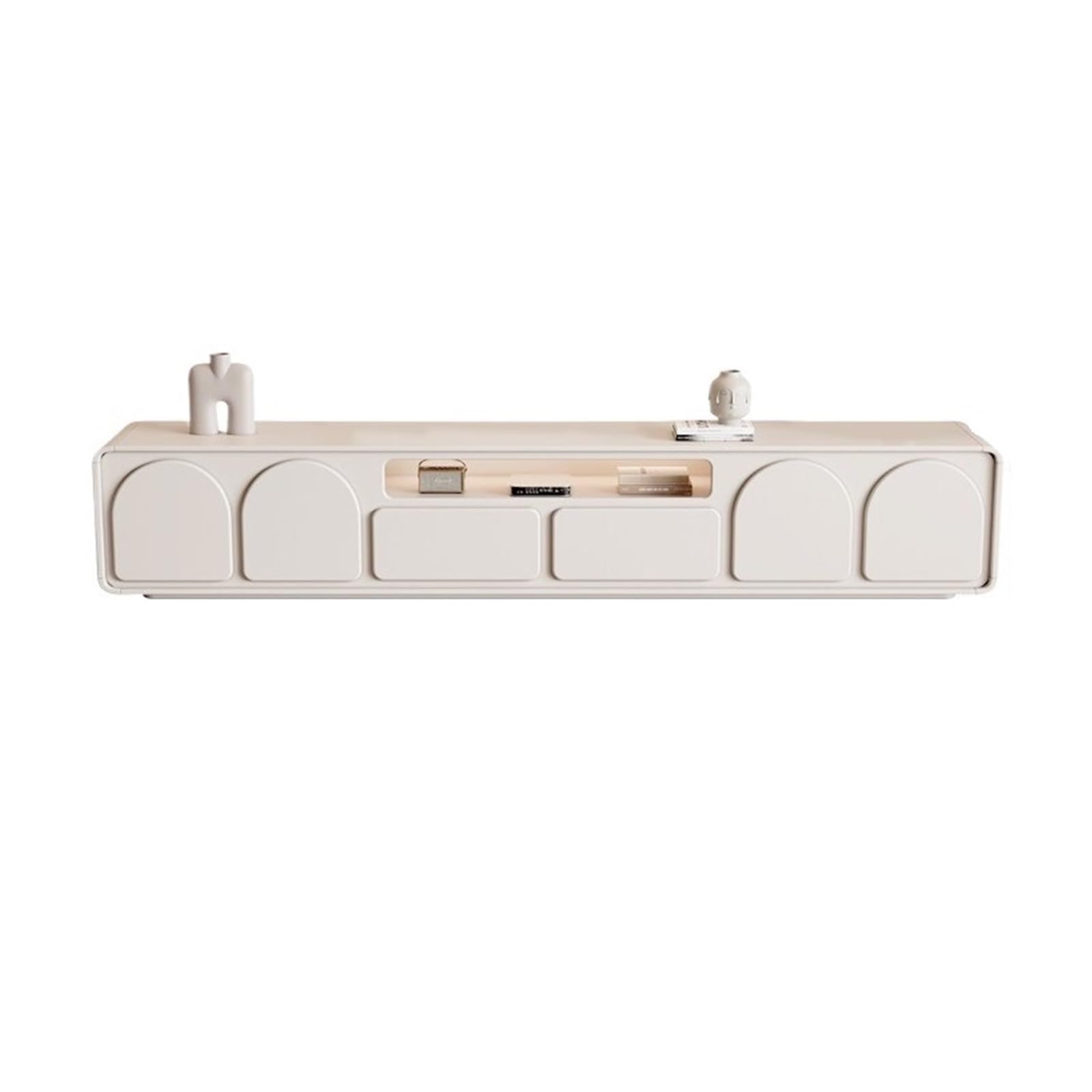 Home Mobile TV bianco da terra con angoli arrotondati, centro di intrattenimento for soggiorno moderno e minimalista Tavolino TV