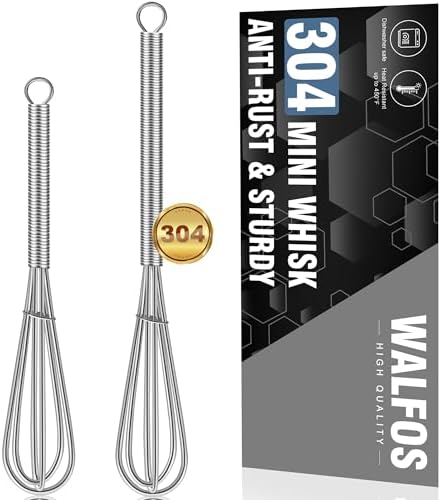 Walfos Mini Whisks Stainless Steel, Small Whisk 2 Pieces, 5in and 7in Tiny Whisk for Whisking, Beating, Blending Ingredients, Mixing Sauces