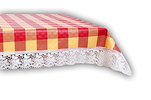 Image of The Furnishing Tree Waterproof PVC Rectangle Shaped 12 Seater Table Cover WxL 60x140 inches Plaid Pattern Maroon with White Border lace
