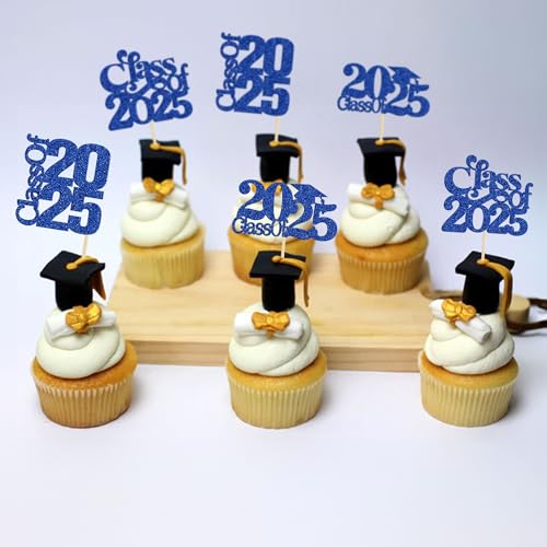30 Pack 2025 Graduation Theme Cupcake Toppers Glitter Class of 2025 Cupcake Picks Graduation Cap Cake Decorations for 2025 Graduation Theme Party Supplies Blue