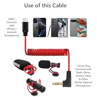 USB C to 3.5mm TRS Microphone Cable for Rode, Movo, Comica, Deity & Other External Mic, Compatible with iPhone 15/16, Samsung Galaxy, LG, Pixel & Android Devices with USB C Port
