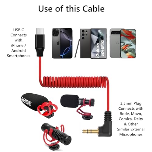 USB C to 3.5mm TRS Microphone Cable for Rode, Movo, Comica, Deity & Other External Mic, Compatible with iPhone 15/16, Samsung Galaxy, LG, Pixel & Android Devices with USB C Port - Thumbnail 2