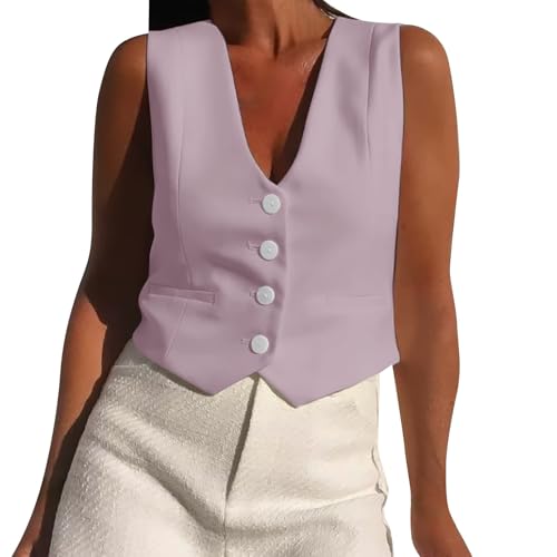 Chalecos para mujer del Reino Unido totalmente forrados con 4 botones en V y cuello en V, chaleco elegante, color sólido, sin mangas, con botones, parte delantera abierta, Morado (, S