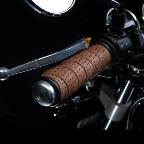 Tanners Pride Perforated Motorcycle Handle bar Leather Grip Wraps - Universal Grips Accelerator Custom Cover wrap Set for Bike Handlebar-Dark Tan 2 412nGuJot5L