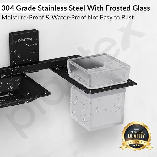 Image of Plantex 304 Grade Stainless Steel Soap Dish with Glass Toothbrush Holder /Soap Stand /Soap Case with Tumbler /Bathroom Accessories - (Crystal, Black)
