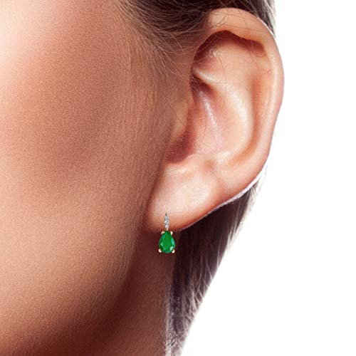 10K Yellow Gold Genuine Pear-Shape Emerald And Diamond Drop Earrings #TOP3